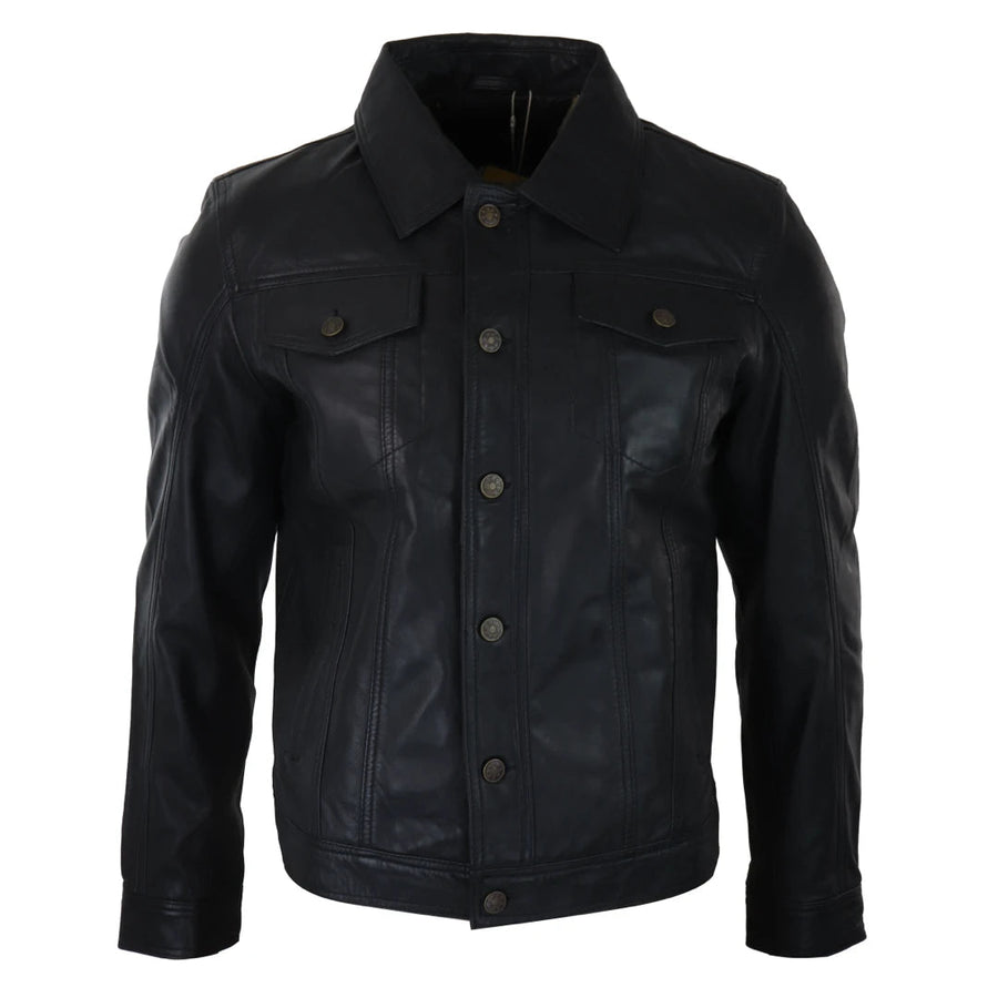 Herren Vintage Denim Stil Leder Jacke im Retro Stil Schwarz Braun - Infinity Leather - 1