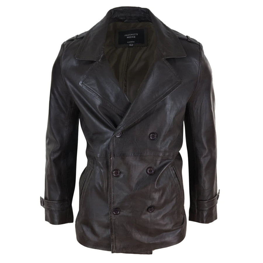 Men's Leather 3/4 Double Breasted Pea Coat Sherlock Brown Sailor Classic - Infinity Leather - 1