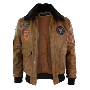 Herren-Air-Force-Piloten-Bomberjacke aus Leder mit hellbraunem Abzeichen - Infinity Leather - 3