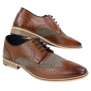 Mens Leather & Tweed 1920s Gatsby Shoes - Tan - House of Cavani - 7