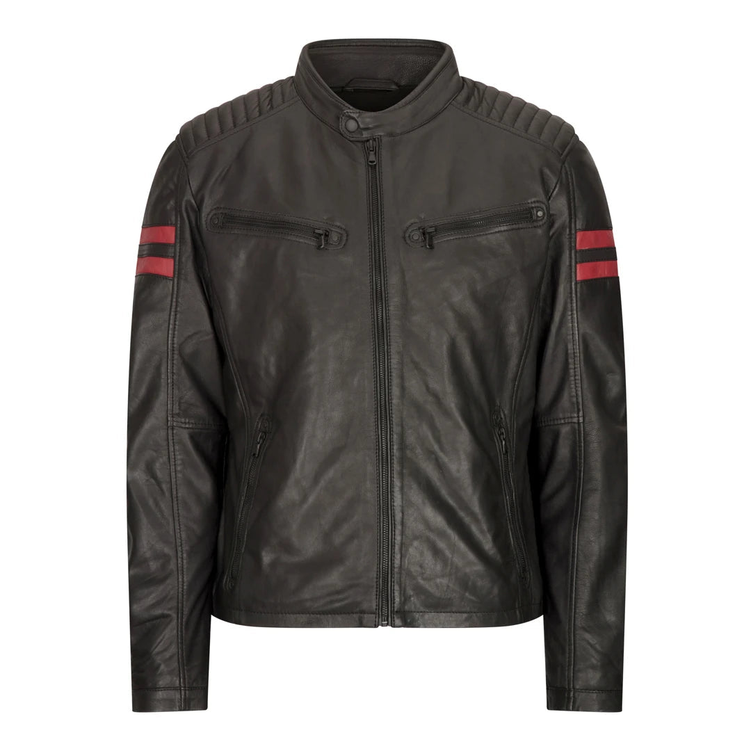 Herren-Leder-Biker-Rennjacke rote Streifen Reißverschluss schwarz kurz - Aviatrix - 1