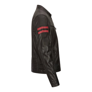 Herren-Leder-Biker-Rennjacke rote Streifen Reißverschluss schwarz kurz - Aviatrix - 3