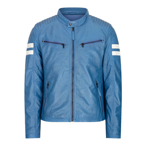 Herren-Leder-Biker-Rennjacke rote Streifen Reißverschluss schwarz kurz - Blau - Aviatrix - 6
