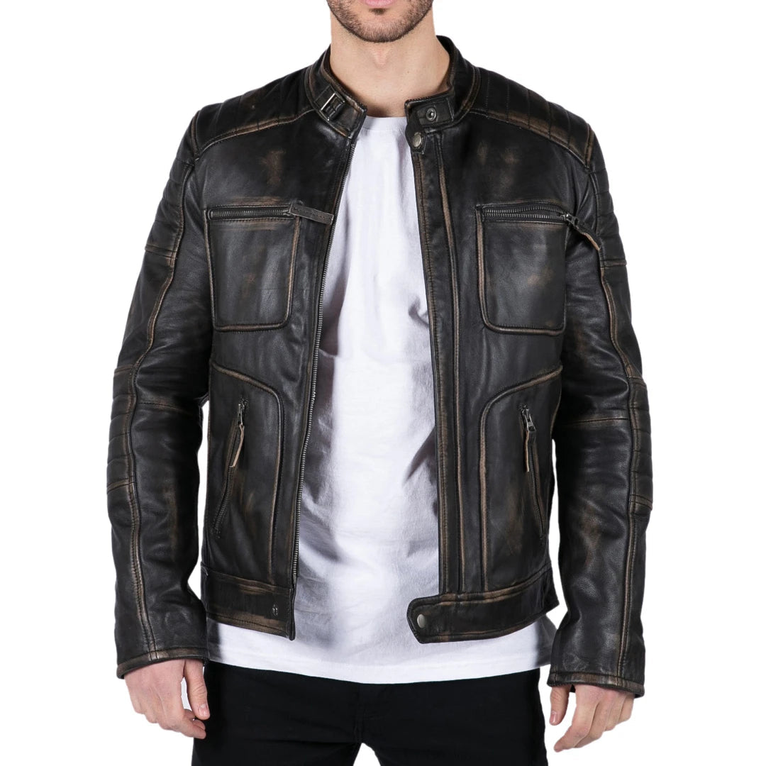 Herrenjacke Retro Echtleder Schwarz Braun Biker Stil mit Reißverschluss - Infinity Leather - 1