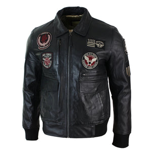 Herren-Fliegerjacke aus Leder mit Bomberabzeichen und Air Force-Pilotenmuster - Schwarz - Aviatrix - 2