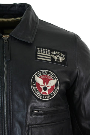 Herren-Fliegerjacke aus Leder mit Bomberabzeichen und Air Force-Pilotenmuster - Schwarz - Aviatrix - 3