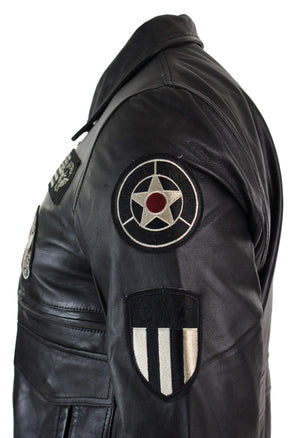 Herren-Fliegerjacke aus Leder mit Bomberabzeichen und Air Force-Pilotenmuster - Schwarz - Aviatrix - 5