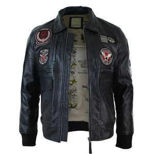 Herren-Fliegerjacke aus Leder mit Bomberabzeichen und Air Force-Pilotenmuster - Schwarz - Aviatrix - 7