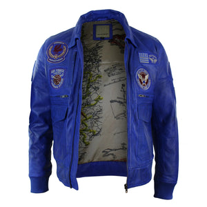 Herren-Fliegerjacke aus Leder mit Bomberabzeichen und Air Force-Pilotenmuster - Blau - Aviatrix - 11