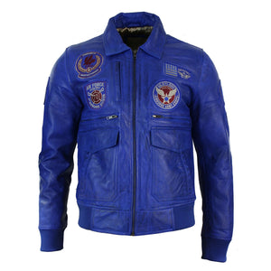 Herren-Fliegerjacke aus Leder mit Bomberabzeichen und Air Force-Pilotenmuster - Blau - Aviatrix - 9