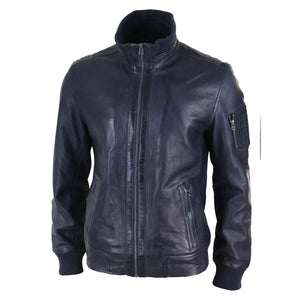 Men's Leather Bomber Jacket Blue Brown High Elasticated Neck - Navy