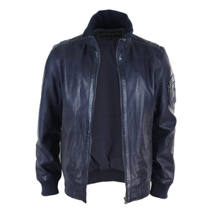 Giubbotto Casual da Uomo Bomber in Vera Pelle stile con Collo alto elasticizzato - Blu Scuro - Infinity Leather - 5