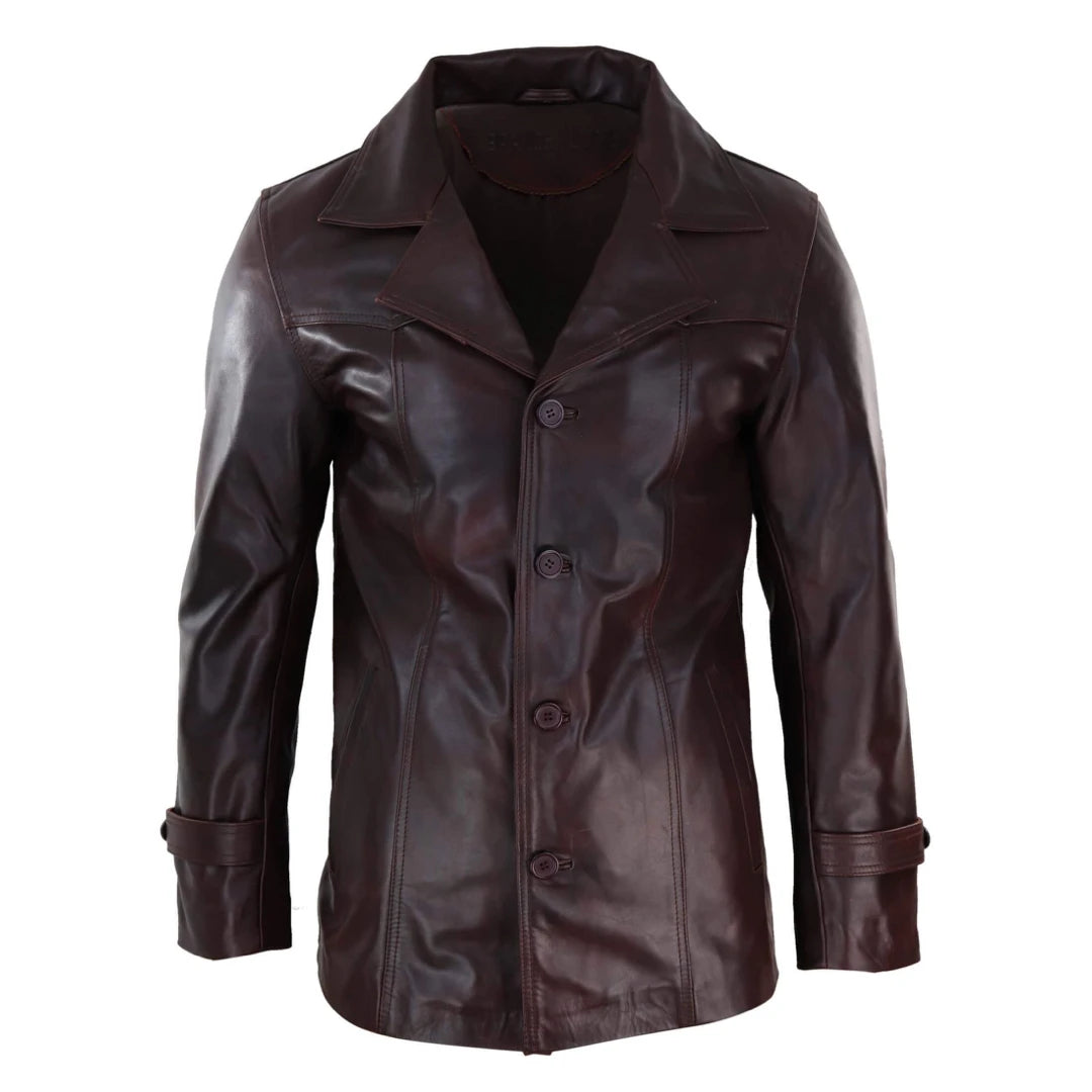 Męski klasyczny płaszcz skórzany w kolorze winno-czarnym - Infinity Leather - 1