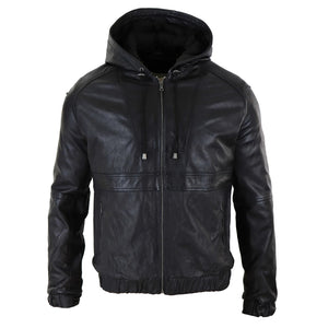 Giacca Bomber Uomo Vera Pelle Marrone Nera con Cappuccio Zip Casual Aderente - Nero - Infinity Leather - 1