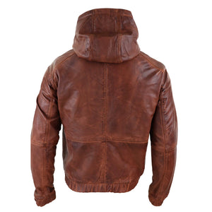 Giacca Bomber Uomo Vera Pelle Marrone Nera con Cappuccio Zip Casual Aderente - Nocciola - Infinity Leather - 10