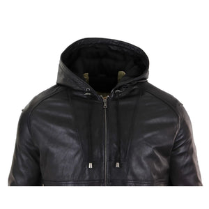 Giacca Bomber Uomo Vera Pelle Marrone Nera con Cappuccio Zip Casual Aderente - Nero - Infinity Leather - 3