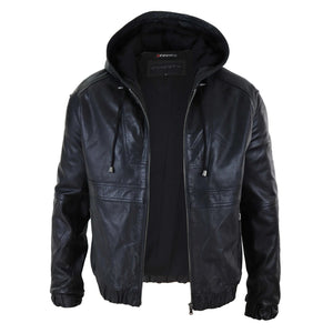Giacca Bomber Uomo Vera Pelle Marrone Nera con Cappuccio Zip Casual Aderente - Nero - Infinity Leather - 4