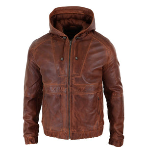 Giacca Bomber Uomo Vera Pelle Marrone Nera con Cappuccio Zip Casual Aderente - Nocciola - Infinity Leather - 7