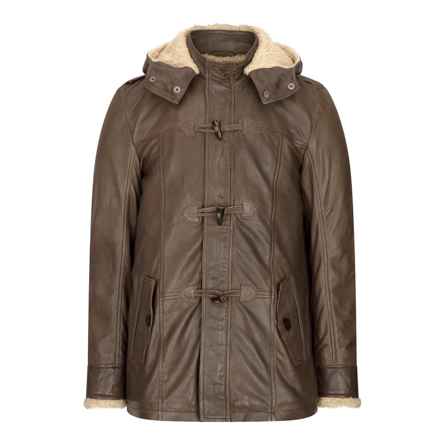 Herren-Safari-Jacke mit Kapuze aus Leder lang 3/4 Fell braun gewaschen - Aviatrix - 1