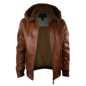 Herren-Felljacke aus Leder mit Kapuze Bomber Fliegerbraun Hellbraun - Aviatrix - 10