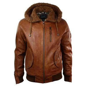 Herren-Felljacke aus Leder mit Kapuze Bomber Fliegerbraun Hellbraun - Aviatrix - 7