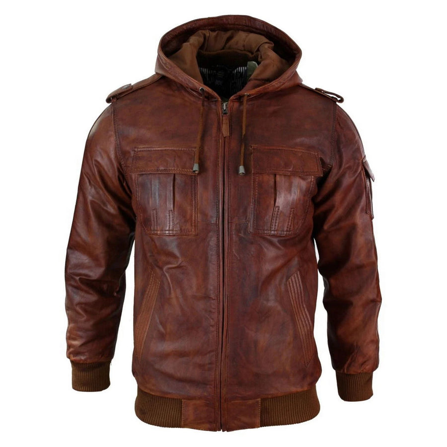 Braune Bomberjacke aus Leder mit Kapuze für Herren - Aviatrix - 1