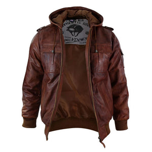 Braune Bomberjacke aus Leder mit Kapuze für Herren - Aviatrix - 5