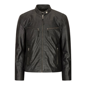 Men's Leather Jacket Biker Black Zipped Pockets Fitted - Aviatrix - 1