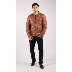 Men's Leather Jacket Biker Black Zipped Pockets Fitted - Brown - Aviatrix - 7