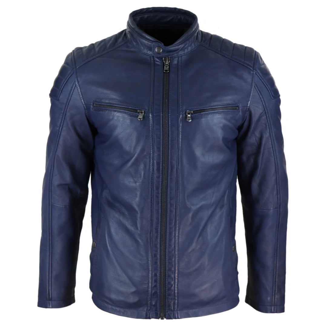 Herrenjacke 100% Echtleder Blau Braun Tailored Fit Bikder Design Retro - Marineblau - Infinity Leather - 1