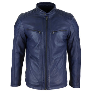 Herrenjacke 100% Echtleder Blau Braun Tailored Fit Bikder Design Retro - Marineblau - Infinity Leather - 1