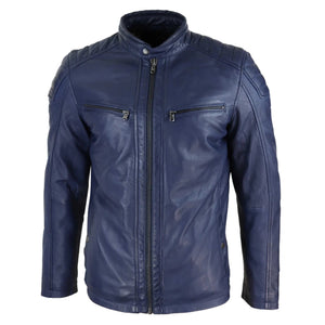 Herrenjacke 100% Echtleder Blau Braun Tailored Fit Bikder Design Retro - Marineblau - Infinity Leather - 2