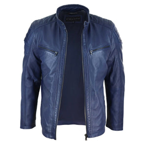 Herrenjacke 100% Echtleder Blau Braun Tailored Fit Bikder Design Retro - Marineblau - Infinity Leather - 4