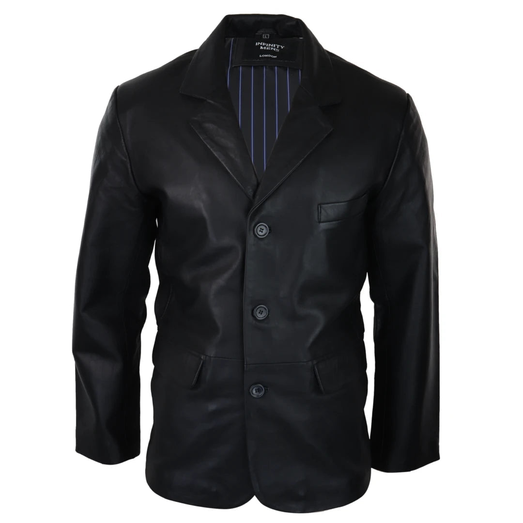 Giacca Nera Lunga da Uomo in Vera Pelle Stile Blazer Classico retro Vintage nero - Infinity Leather - 1