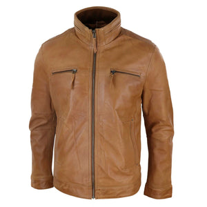 Herrenjacke 100% Echtleder Holzbraun Braun Biker Design Hoher Kragen - Hellbraun - Infinity Leather - 2