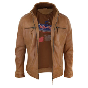 Herrenjacke 100% Echtleder Holzbraun Braun Biker Design Hoher Kragen - Hellbraun - Infinity Leather - 3