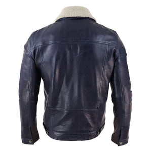 Blouson homme veste cuir véritable jeans col fourré rétro vintage classique bleu marine - Infinity Leather - 6