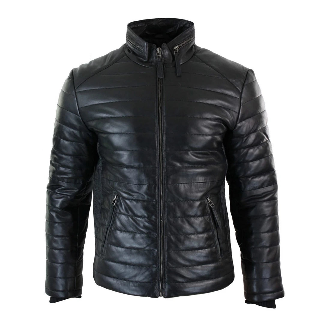 Giacca Puffer da Uomo Bomber in Vera Pelle Calda Invernale Casual Elegante - Nero - Aviatrix - 1
