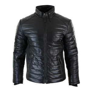 Giacca Puffer da Uomo Bomber in Vera Pelle Calda Invernale Casual Elegante - Nero - Aviatrix - 1