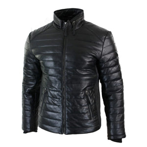 Giacca Puffer da Uomo Bomber in Vera Pelle Calda Invernale Casual Elegante - Nero - Aviatrix - 2