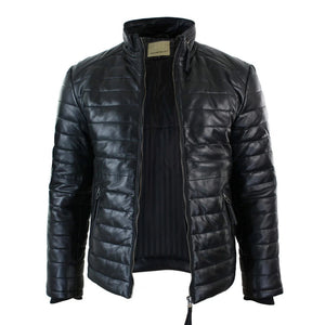 Giacca Puffer da Uomo Bomber in Vera Pelle Calda Invernale Casual Elegante - Nero - Aviatrix - 4