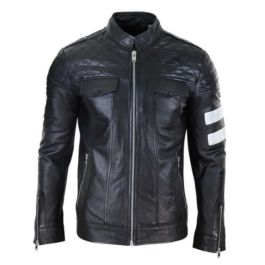 Czarna kurtka wyścigowa męska ze skóry Napa z białymi pasami - Czarny - Infinity Leather - 1