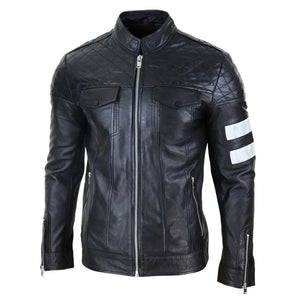 Men's Leather Racing Jacket Biker Zipped Napa Stripes Black White - Infinity Leather - 2