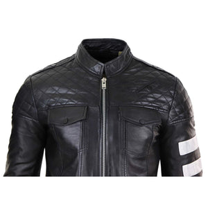 Men's Leather Racing Jacket Biker Zipped Napa Stripes Black White - Infinity Leather - 5