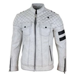 Men's Leather Racing Jacket Biker Zipped Napa Stripes Black White - Infinity Leather - 7
