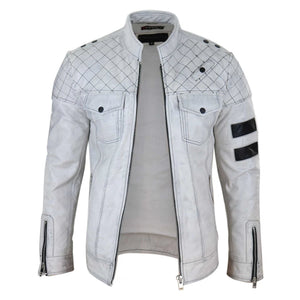 Men's Leather Racing Jacket Biker Zipped Napa Stripes Black White - Infinity Leather - 8