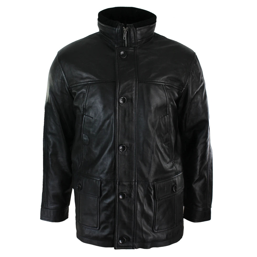 Herrenjacke 100% Echtleder Schwarz Braun Militär Armee Knopfleiste - Infinity Leather - 1