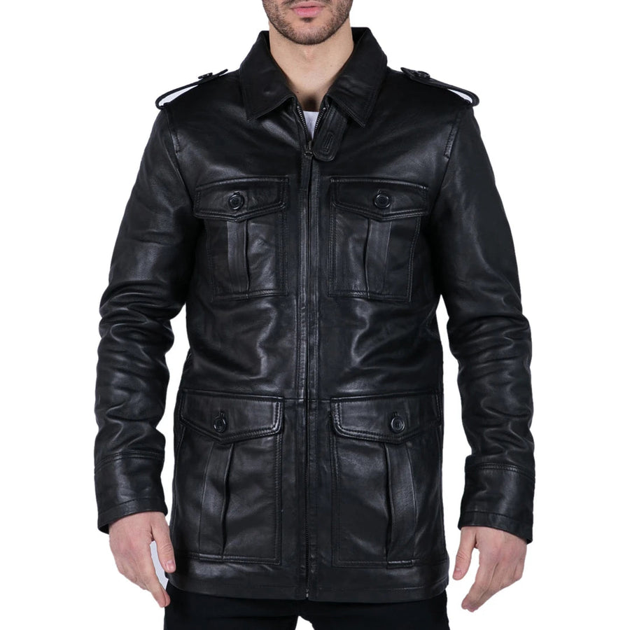 Men's Leather Safari Parka Coat Black Brown Jacket - Infinity Leather - 1