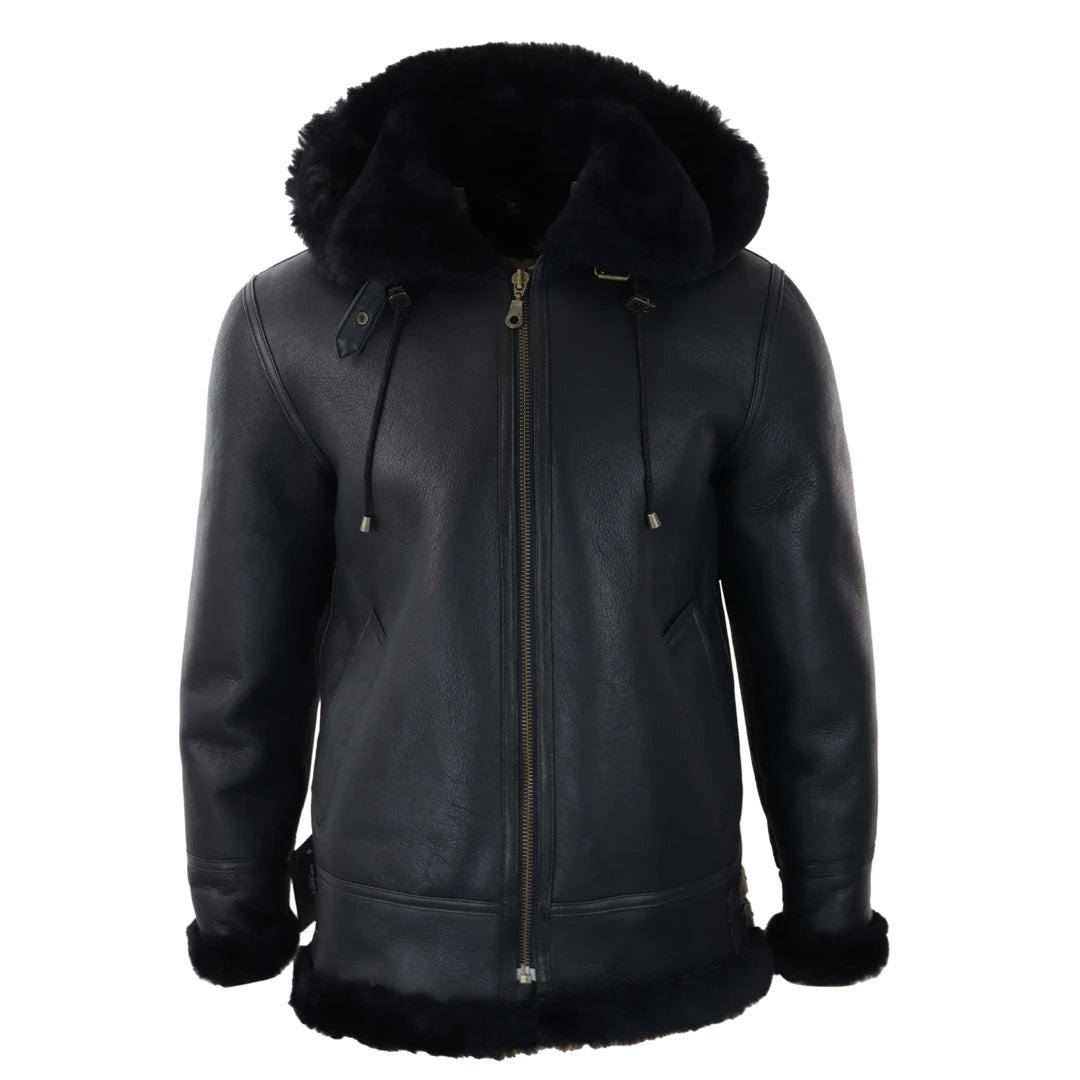 Men's Leather Sherling Sheepskin Hood Jacket Aviator Flying Pilot - Black - Infinity Leather - 1