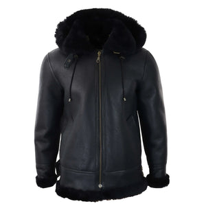 Men's Leather Sherling Sheepskin Hood Jacket Aviator Flying Pilot - Black - Infinity Leather - 1